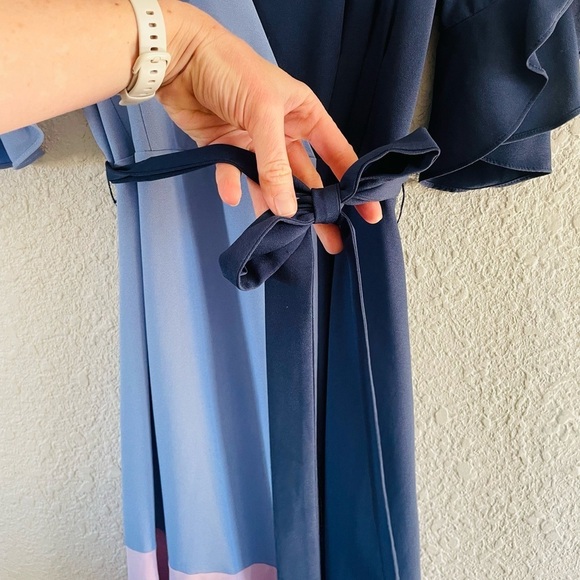 Hutch Asymmetrical Blue and Purple Wrap Midi Dress - Picture 12 of 14